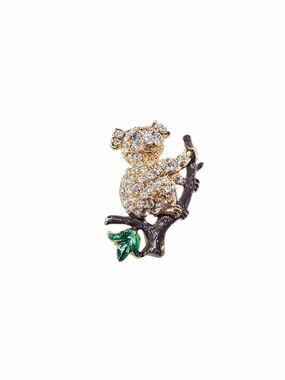 5/$25 😻 Tiny Gold Crystal Koala Brooch with Green Enamel Leaves